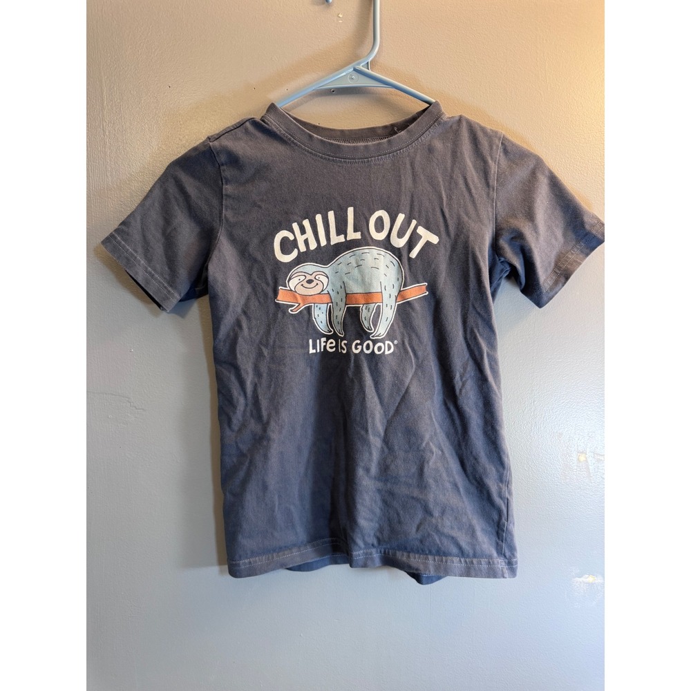 Life is Good Kids Crusher Tee Chill Out Sloth Graphic T-Shirt Blue Size M
